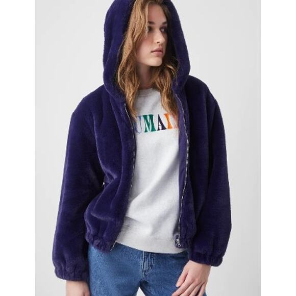 FRENCH CONNECTION sz 2 XS Eclipse Blue Faux Fur Hoodie Full Zip Jacket b133 - Picture 2 of 11